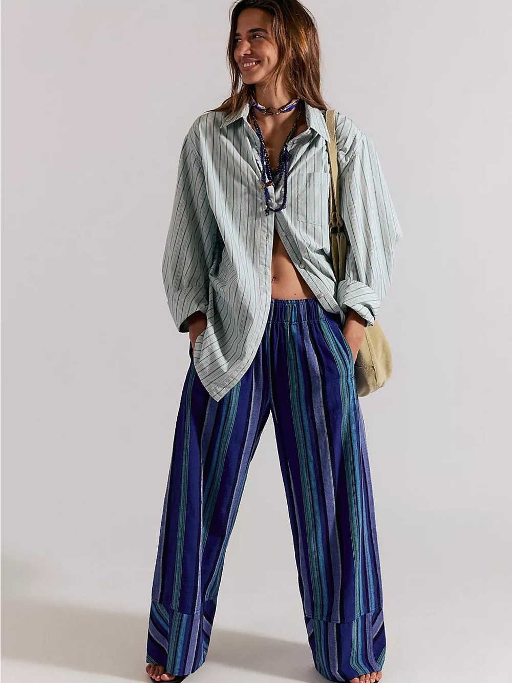 Free People Blue Striped Wide-Leg Pants